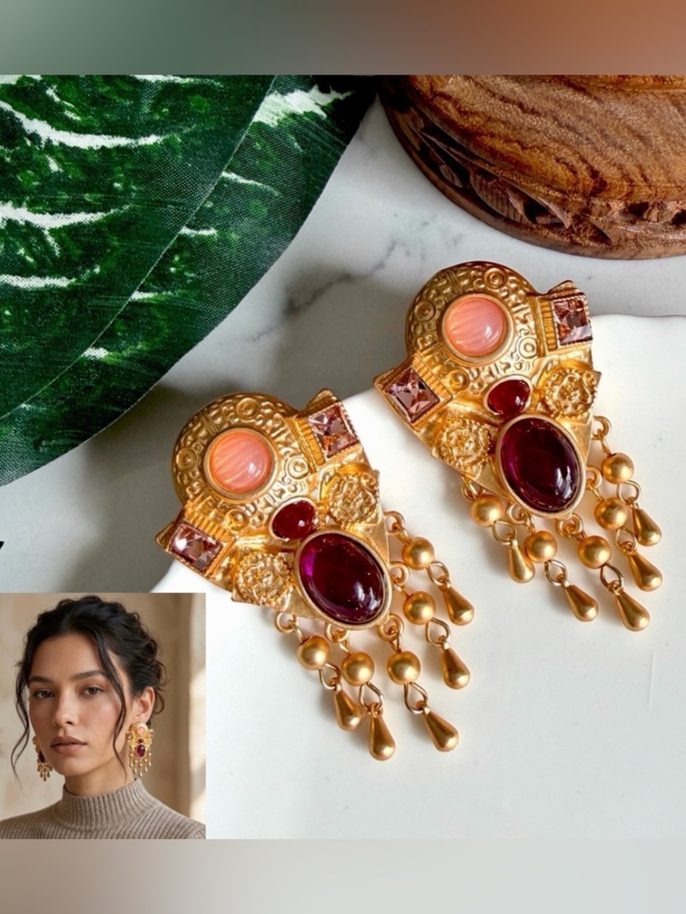Gold Vintage Style Stone Earrings Fringe Baroque Palace Boho Jewelry Gift NEW